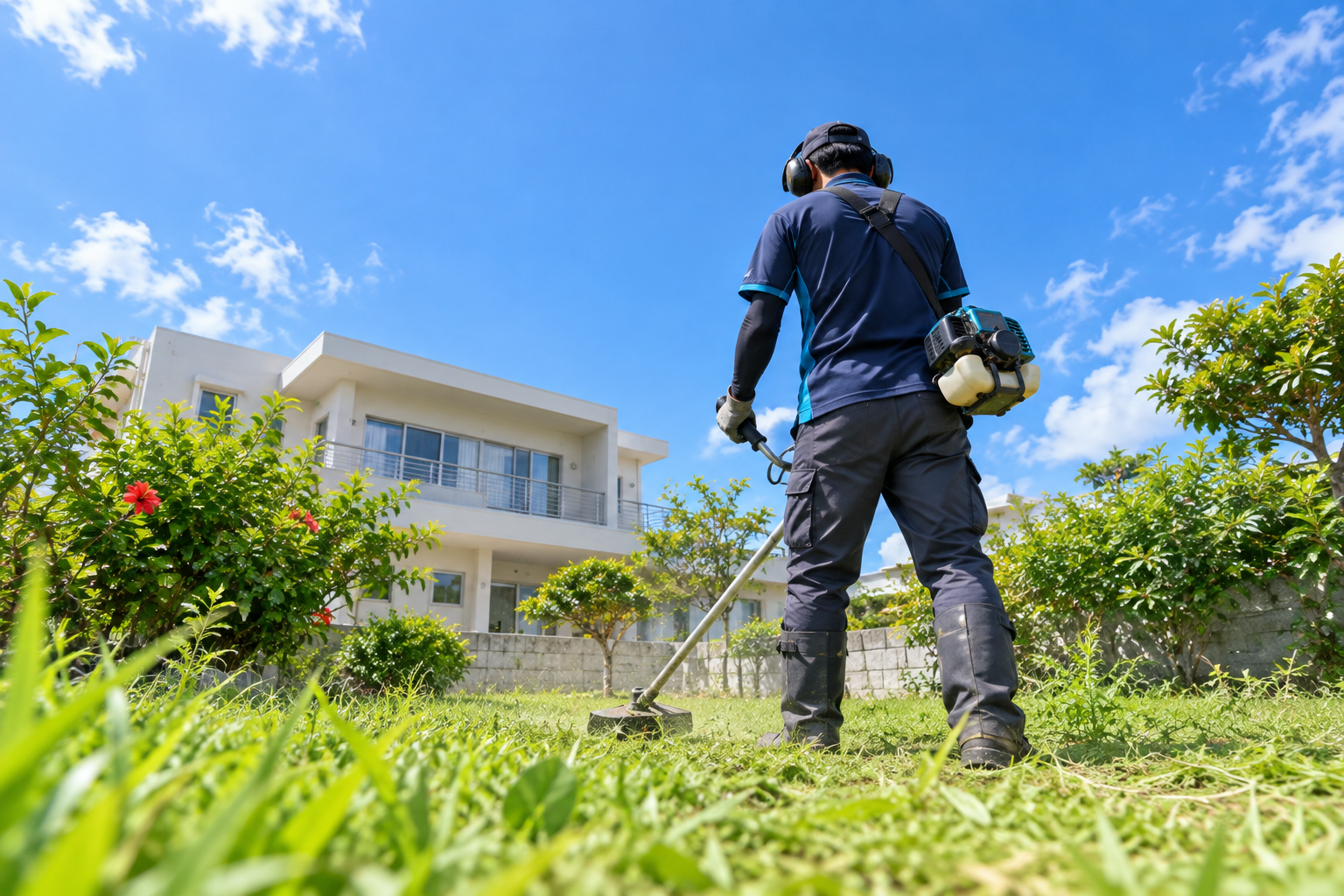 青空と住宅を背景に、庭で草刈りをする作業員の後ろ姿を低い位置から見上げた生成イメージ
