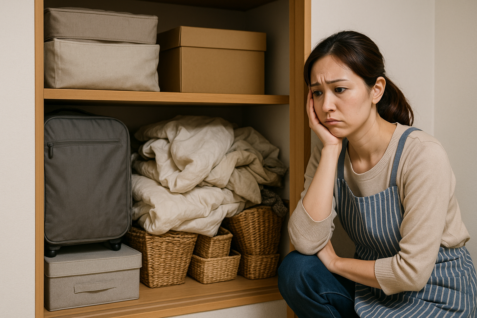 押し入れの整理に悩む主婦のイラスト|那覇市の不用品回収・軽トラパック事例